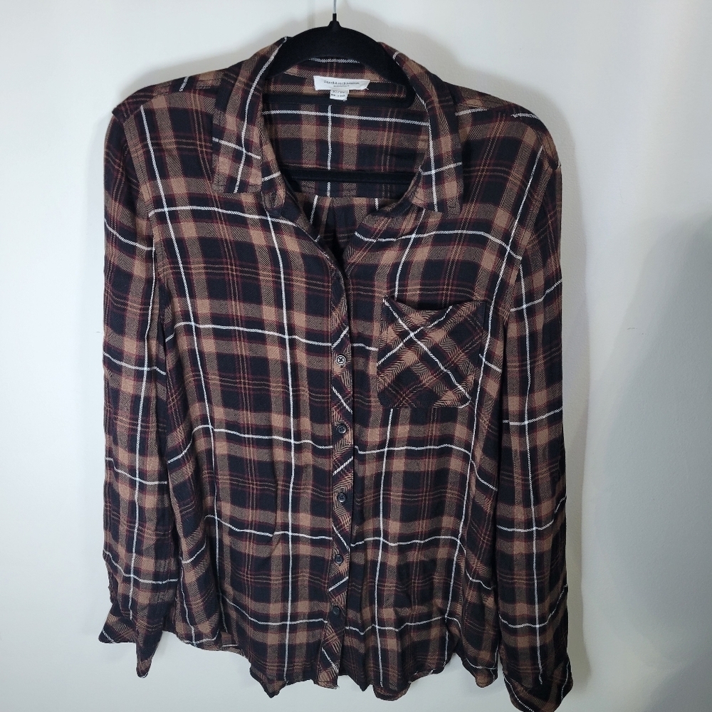 Beach Lunch Lounge Black Brown Maroon Button-up Plaid Top, Size XL